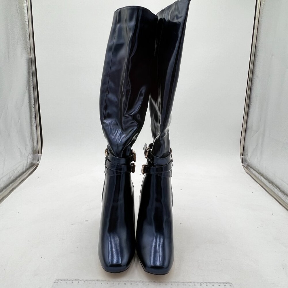 FSJ Dark Blue Knee High Boots Pull On Chunky Mid Heel Side Zipper Shoes - Picture 2 of 8